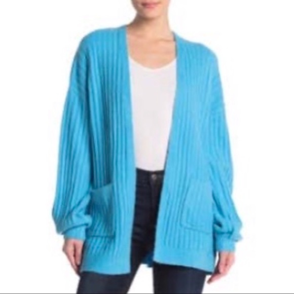 Woven Heart Sweaters - Woven Heart Balloon Sleeve Cardigan Turquoise Blue
